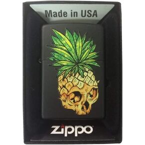Zippo Custom Lighter - Pineapple Skull Leaf Fire Eyes Punk Fruit Design - Black Matte