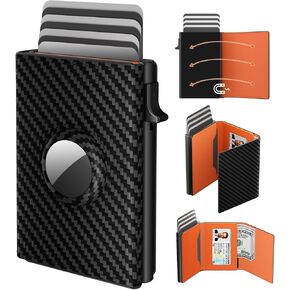 AirTag Wallet for Men, Minimalist Credit Card Holder for Apple Air Tag, RFID Blocking, Pop up Card Case, Premium Genuine Leather Carbon Fiber, Smart, Slim, 9-14 Card Capacity | ID Window | Cash Slot