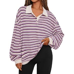 Trendy Queen Women's Oversized Striped Polo Sweatshirt