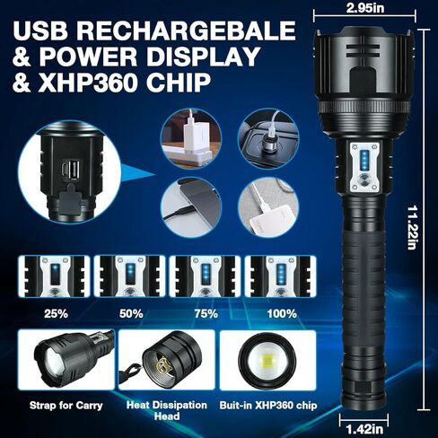 XHP360 مصابيح LED قابلة لإعادة الشحن، مصباح يدوي فائق السطوع 190000 لومن قابل للتكبير، IPX7 مصباح يدوي قوي مقاوم للماء، 6 أوضاع مصباح يدوي تكتيكي لحالات الطوارئ في التخييم in Saudi Arabia
