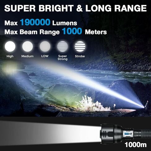 XHP360 مصابيح LED قابلة لإعادة الشحن، مصباح يدوي فائق السطوع 190000 لومن قابل للتكبير، IPX7 مصباح يدوي قوي مقاوم للماء، 6 أوضاع مصباح يدوي تكتيكي لحالات الطوارئ في التخييم in Saudi Arabia