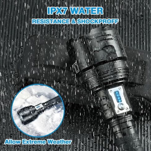 XHP360 مصابيح LED قابلة لإعادة الشحن، مصباح يدوي فائق السطوع 190000 لومن قابل للتكبير، IPX7 مصباح يدوي قوي مقاوم للماء، 6 أوضاع مصباح يدوي تكتيكي لحالات الطوارئ في التخييم in Saudi Arabia