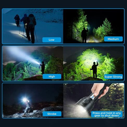XHP360 مصابيح LED قابلة لإعادة الشحن، مصباح يدوي فائق السطوع 190000 لومن قابل للتكبير، IPX7 مصباح يدوي قوي مقاوم للماء، 6 أوضاع مصباح يدوي تكتيكي لحالات الطوارئ في التخييم in Saudi Arabia