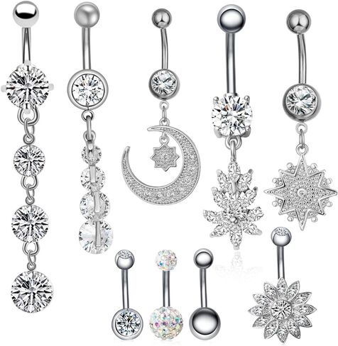 K&Y 9PCS 14G Stainless Steel Belly Button Rings Curved Barbell Piercing For Women Dangle Surgical Navel Rings Body Piercing Jewelry in Kuwait