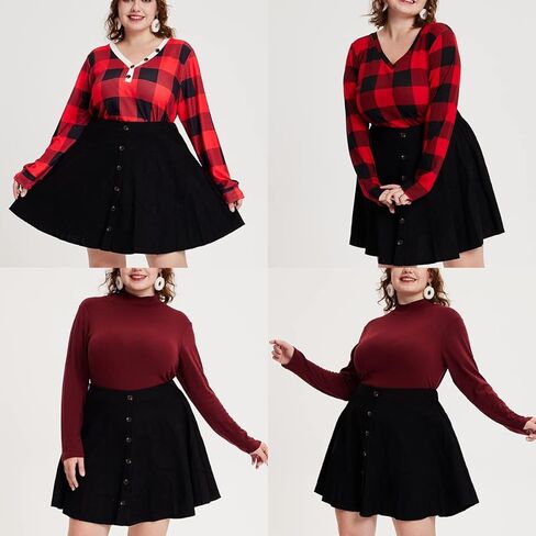 RITERA Plus Size Basic Versatile Stretchy Elastic Waist Flared Casual Mini Skater Skirt/Pleated Plaid Skirt for Women XL-5XL in Kuwait