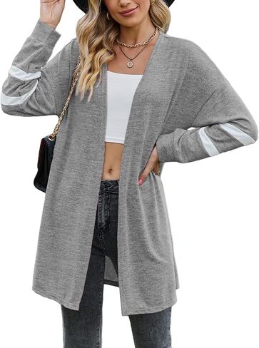 Leafsay Women's Casual Lightweight Open Front Cardigan Long Sleeve Soft Drape Color Block Cardigans in Kuwait