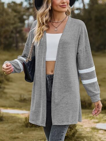 Leafsay Women's Casual Lightweight Open Front Cardigan Long Sleeve Soft Drape Color Block Cardigans in Kuwait