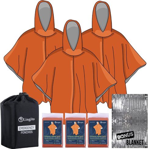 Lingito Rain Ponchos Family Pack - Emergency Drawstring Hood Poncho for Children & Adults Lightweight Reusable or Disposable in Kuwait