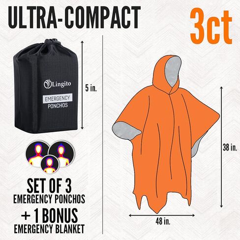 Lingito Rain Ponchos Family Pack - Emergency Drawstring Hood Poncho for Children & Adults Lightweight Reusable or Disposable in Kuwait