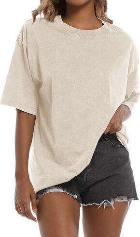Tuislay Oversized Tshirt Shirts for Women Vintage Acid Wash T Shirt Cotton Casual Baggy Boyfriend Teens Basic Grunge Tees Top in Kuwait