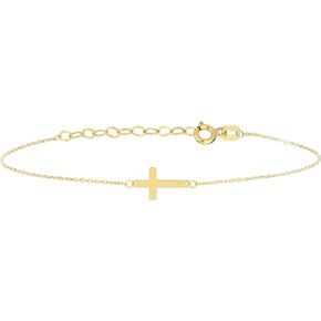 MIONZA 14K Solid Gold Cross Bracelet for Women, Teen Girls, Baby, Real Solid Gold Sideways Adjustable Cross Bracelet, Gold Plated Bracelet for Women, Religious, Christian Baptism Gift for Her