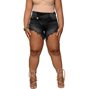 Tycorwd Women's Plus Size High Waisted Crossover Jean Shorts Ripped Raw Hem Summer Hot Denim Shorts