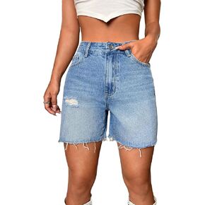 MakeMeChic Women's Ripped Raw Hem Jean Bermuda Shorts High Waisted Denim Shorts with Pocket