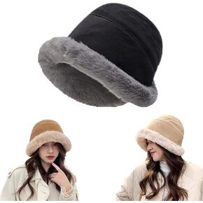 Women Extraordal Plus Velvet Thickened Bucket Hat,2023 New Winter Warm Solid Color Foldable Soft Faux Fur Cap
