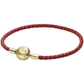 Pandora Moments Woven Leather Bracelet with 18k Gold-Plated Clasp - Compatible Moments Charms - Charm Bracelet for Women - Features Shine & Leather - Gift for Her - Red, With Gift Box