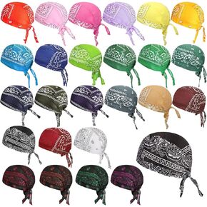 Huukeay 24 Pieces Do Rag Skull Caps Sweat-Wicking Beanie Cap Biker Skull Cap Paisley Bandana Cap Head Tie Cycling Cap Helmet Liner Skull Hat Quick-Drying Pirate Hats for Men Women, 24 Colors