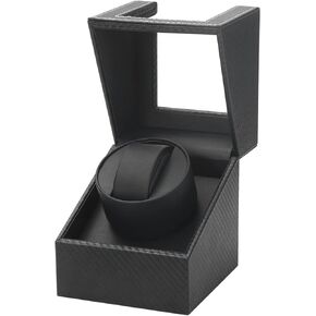 KETYDURM Single Watch Winder with Japanese Quiet Motor, Automatic Watch Winder Box in Wood Shell and Carbon Fiber Black Leather, AC Adapter or Battery Powered