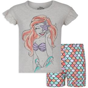 Disney The Little Mermaid Ariel Girls’ T-Shirt and Short Set for Toddler and Little Kids – Beige/Multicolor