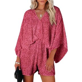 Dokotoo Womens Lepoard Print Summer Rompers Cruise Outfits Wrap V Neck Loose Oversized Jumpsuits with Pockets