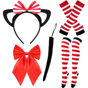 5 PCS Cat Costume Set Include Cat Headband Bow Tail Gloves Knee Socks Tie for Women Girls Halloween Cosplay