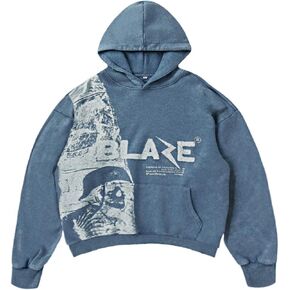 Y2K Hoodie Denim Grunge Hoodies StreetwearCasual Oversize Blaze Print Pattern Skull Hoodie Unisex
