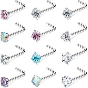 Ftovosyo Hypoallergenic Nose Rings Studs 20G 18G Surgical Steel Nose Studs L Shaped Nose Piercings Cubic Zirconia Nostril Piercing Jewelry for Women Men