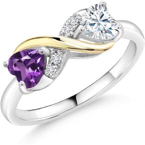 925 Silver and 10K Yellow Gold Purple Amethyst and Moissanite From Charles & Colvard Women Ring (0.96 Cttw, Heart Shape 5MM, Gemstone Birthstone, Available In Size 5, 6, 7, 8, 9)
