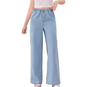 OYOANGLE Girl's Elastic Waist Straight Leg Long Jean Pants Casual Denim Pants