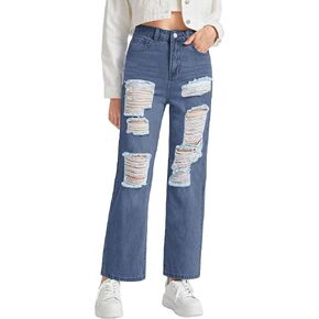 WDIRARA Girl's Graphic Butterfly Print Ripped Jeans Straight Leg Distressed Jean Pants