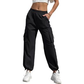 Women's High Waisted Cargo Pants Baggy Trendy Hiking Parachute Pants with Pockets Y2K Cargo Trousers Drawstring Ankles