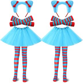 Therwen 8 Pcs Blue Tulle Tutu Costume Set Tutu Skirt Headband Leggings Long Arm Warmer Gloves for Halloween