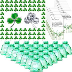 Ecation St. Patrick's Day Clover Lapel Pins Three Leaf Brooches with Blessing Cards and Organza Bags Shamrock Enamel Pins