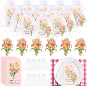 50 Sets Thank You Gift Flower Brooch Pins Employee Appreciation Pin Gift Bulk Pink Flower Bunches Lapel Pins Brooches with Organza Thank You Card Bags for Educator Tutor Professor Wedding