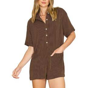 Fixmatti Women 2024 Romper V Neck Button Down Ribbed Knitted Shorts Jumpsuit with Pockets in Kuwait