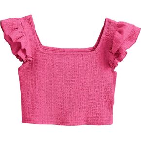 OYOANGLE Girl's Casual Solid Ruffle Trim Cap Sleeve Square Neck Cute Crop Tank Tops T-Shirts