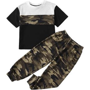 Floerns Boy's 2 Piece Outfit Colorblock Tee Shirt with Jogger Pants Set