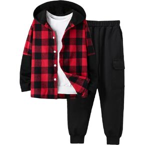 Floerns Boy's Plaid Print Long Sleeve Hooded Shirt Pants Set 2 Piece Outfit