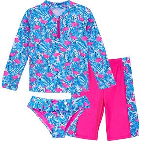 ملابس سباحة IKALI للفتيات بأكمام طويلة مكونة من 3 قطع ملابس سباحة Flamingo للأطفال مجموعة حماية من الطفح الجلدي للشاطئ in Kuwait