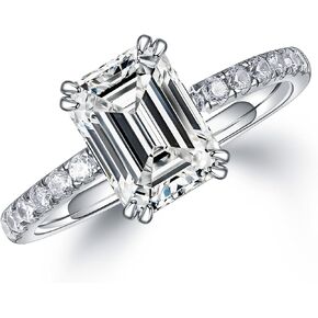 MOOSEA Emerald Cut Moissanite Engagement Rings for Women, 2ct D Color VVS1 Clarity Lab Created Diamond Rings 14K White Gold Vermeil Double Claw Solitaire Moissanite Rings for Women Size 4-11