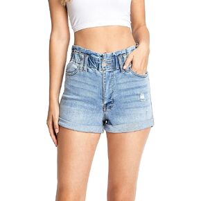 Cello Jeans Women's Juniors High Rise Paperbag Denim Shorts