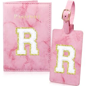 Giesiery Pink Passport Holder Initial Lugguage Tag Set Marble Passport Case Travel Suitcase Tag Leather Passport Wallet Cover for Women