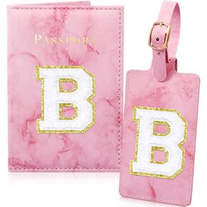 Giesiery Pink Passport Holder Initial Lugguage Tag Set Marble Passport Case Travel Suitcase Tag Leather Passport Wallet Cover for Women