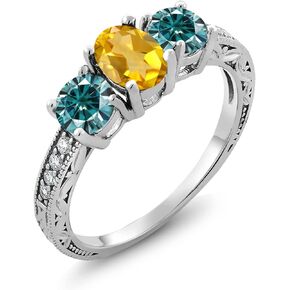 Gem Stone King 925 Sterling Silver Ring Oval Citrine Blue Moissanite (1.87 Cttw)
