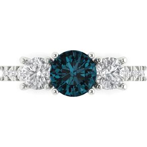 Clara Pucci 1.97ct Round Cut Solitaire three stone With Accent Natural London Blue Topaz gemstone designer Modern Ring 14k White Gold