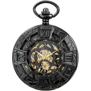 Alwesam Mechanical Hand Wind Pocket Watch Roman Numerals Scale Steampunk with Chain Box