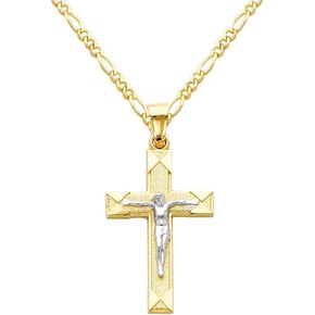 14k Two Tone Gold Jesus Cross Religious Charm Pendant with 1.6mm Figaro Chain Necklace