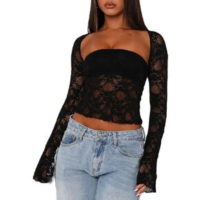Luckinbaby Women's Lace Trim Long Sleeve 2 Piece Set Tube Tops with Bolero Shrugs Y2K Crop Top Sexy Going Out T Shirts
