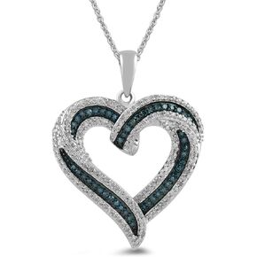 Amazon Essentials Sterling Silver Blue and White Diamond Heart Pendant Necklace (1/2 cttw), 18" (previously Amazon Collection)