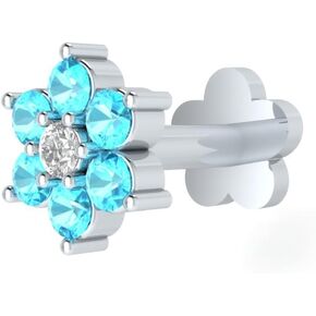 Demira Jewels 14k Gold Real Blue Topaz & Diamond Flower Nose Lip Labret Piercing Stud Screw Pin