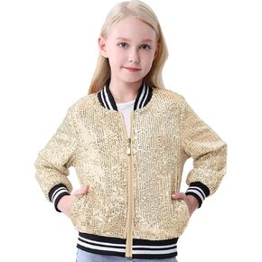 EXARUS Girls Sequin Bomber Jacket with Pockets Sparkle Lightweight Zipper Long Sleeve Jackets for Kid 6-12Y